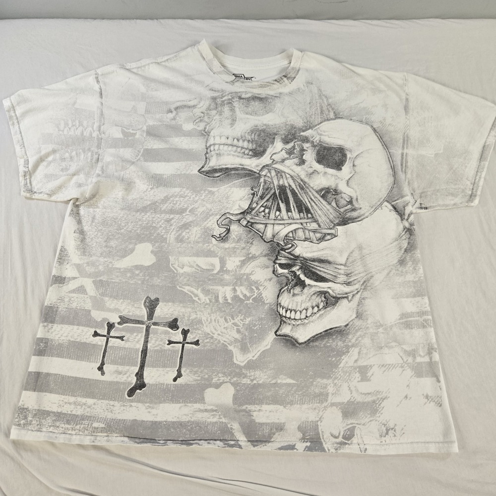 Vintage MMA Elite Skulls And Crosses Graphic T-Shirt Size XXL Gray Y2K Grunge